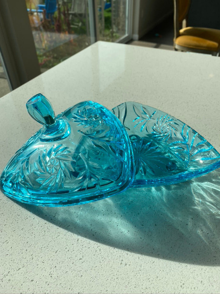 Mid-Century L.E. Smith Aqua Glass Lidded Dish